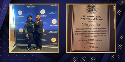Picture of Charizma Scott and her mom next to a picture of Charizma's award.